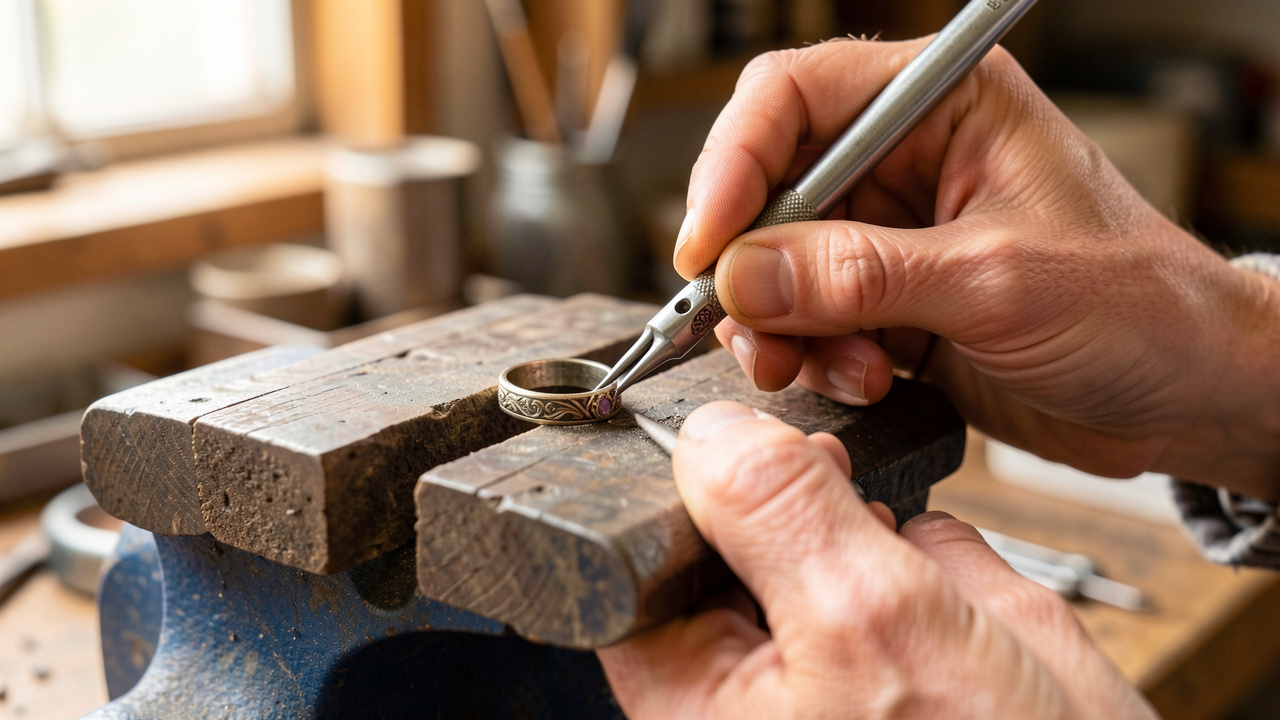 Une bijoutière ajuste délicatement une ancienne bague héritée dans un atelier, en protégeant son métal et sa pierre précieuse.