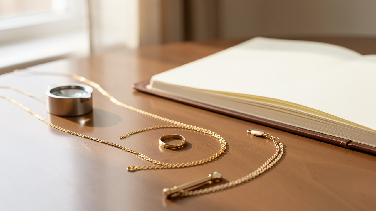 Nature morte élégante présentant une bague, une chaîne et un bracelet en or avec une loupe, une balance de précision et un carnet aux pages vierges sur une table éclairée par une douce lumière naturelle.