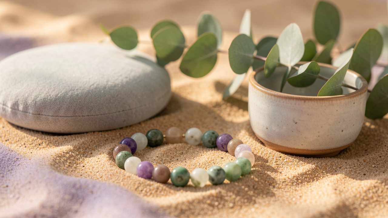Bracelet raffiné en pierres naturelles posé près d’un coussin de méditation, d’un bol en céramique et d’une branche d’eucalyptus dans une ambiance douce et apaisante.