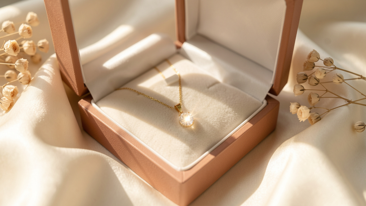 Collier délicat en or avec un pendentif lumineux présenté dans un écrin ouvert, entouré de soie ivoire et de fleurs séchées.