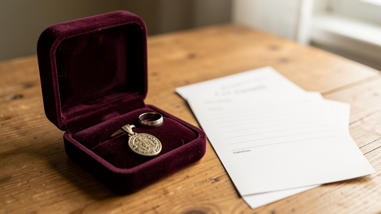 Écrin ouvert sur une table en bois contenant une bague ancienne, une alliance et une médaille décorative, accompagné de documents d’inventaire vierges, dans une lumière douce et réaliste.