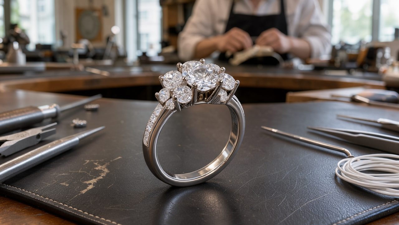 Gros plan d’une bague contemporaine de haute joaillerie en or blanc sertie de diamants, avec un artisan joaillier travaillant dans un atelier parisien lumineux en arrière-plan.