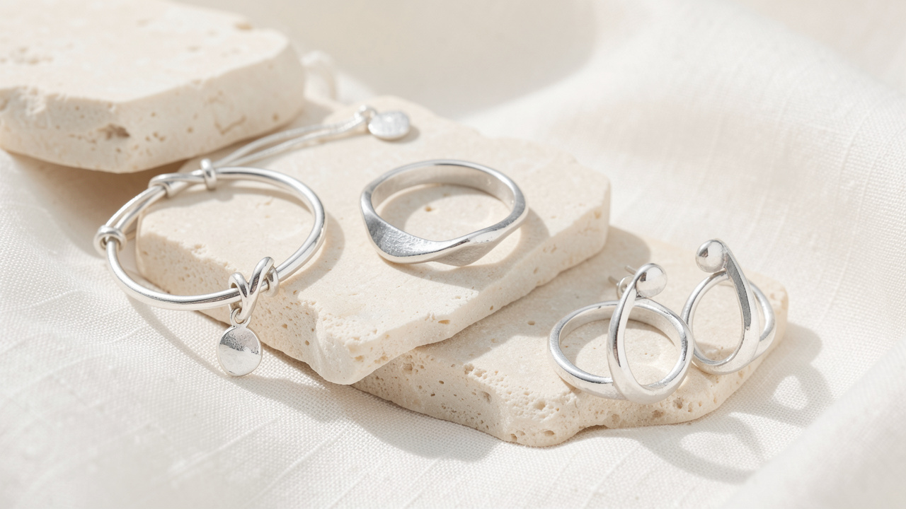 Bracelets à charms, bagues et boucles d’oreilles contemporaines en argent recyclé présentés élégamment sur un fond clair.