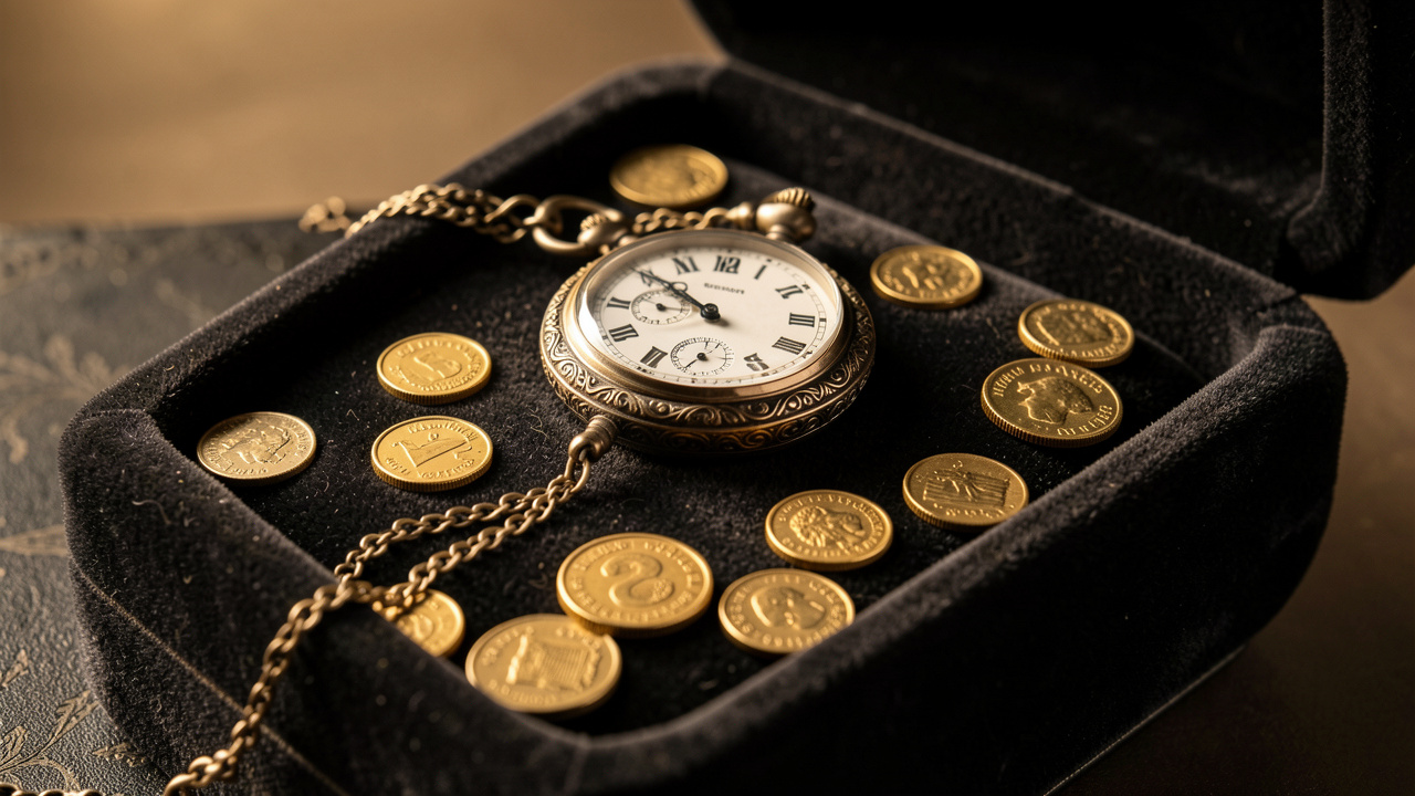 Bijoux de famille anciens, montre de poche et pièces en or disposés sur un écrin en velours sombre, éclairés par une lumière douce.