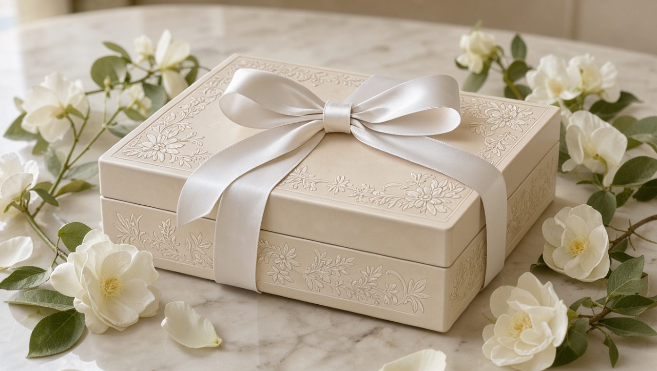 Coffret de baptême ivoire élégant avec motif floral délicat, ruban blanc satiné et fleurs blanches dans une lumière douce.