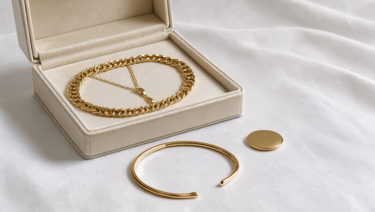 Écrin élégant présentant une gourmette, un pendentif, un bracelet et une médaille dorée sur un tissu blanc lumineux.