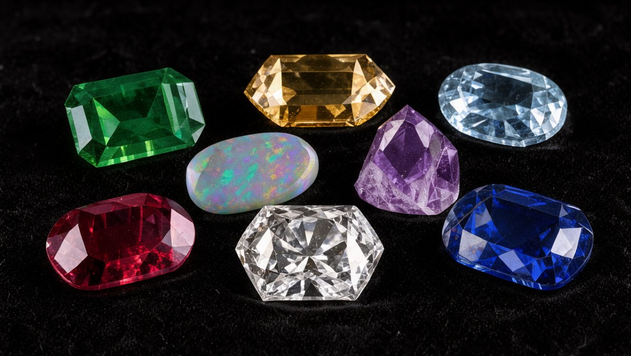 Composition de pierres précieuses et fines aux couleurs variées, disposées sur un tissu velours sombre et éclairées par une lumière douce.